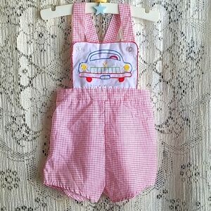 Vintage Overall Shorts Red & White Check, Colorful Embroidered Car On The Bib